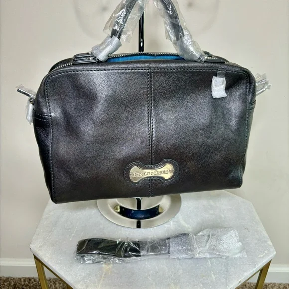 Firenze Black Italian Leather Handbag with Silver Accents & Crossbody Strap - Picture 2 of 5